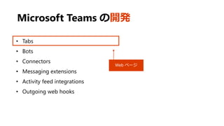 Microsoft Teams の開発
• Tabs
• Bots
• Connectors
• Messaging extensions
• Activity feed integrations
• Outgoing web hooks
Web ページ
 