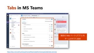 Tabs in MS Teams
https://docs.microsoft.com/ja-jp/microsoftteams/platform/concepts/tabs/tabs-overview
独自の Web ページ (アプリ) を
チームのタブに追加
 