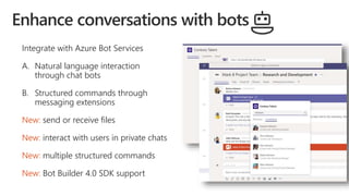 Integrate with Azure Bot Services
A. Natural language interaction
through chat bots
B. Structured commands through
messaging extensions
New: send or receive files
New: interact with users in private chats
New: multiple structured commands
New: Bot Builder 4.0 SDK support
 
