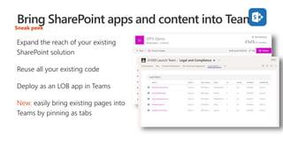 Expand the reach of your existing
SharePoint solution
Reuse all your existing code
Deploy as an LOB app in Teams
New: easi...