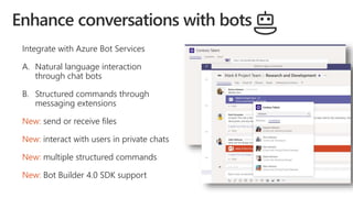 Integrate with Azure Bot Services
A. Natural language interaction
through chat bots
B. Structured commands through
messagi...