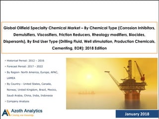 (c) AZOTH Analytics
January 2018
Global Oilfield Specialty Chemical Market – By Chemical Type (Corrosion Inhibitors,
Demulsifiers, Viscosifiers, Friction Reducers, Rheology modifiers, Biocides,
Dispersants), By End User Type (Drilling Fluid, Well stimulation, Production Chemicals,
Cementing, EOR): 2018 Edition
• Historical Period: 2012 – 2016
• Forecast Period: 2017 - 2022
• By Region- North America, Europe, APAC,
LAMEA
• By Country - United States, Canada,
Norway, United Kingdom, Brazil, Mexico,
Saudi Arabia, China, India, Indonesia
• Company Analysis
 