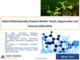 (c) AZOTH Analytics
March 2016
Global Oilfield Specialty Chemical Market: Trends, Opportunities and
Forecasts (2016-2021)
• By Type- Corrosion Inhibitors,
Demulsifiers, Scale Inhibitors, Biocides,
Surfactants, Others
• By Application- Drilling, Cementing,
Stimulation, Production, Completion and
EOR
• By Location of Application- Onshore,
Offshore
• By Region-North America/South America,
Middle-East and Africa, Europe, APAC,
Rest of the world
1
 