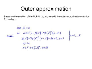 Outer approximation
Based on the solution of the NLP-U (xk, yk), we add the outer approximation cuts for
f(x) and g(x)
 