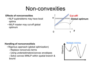 Non-convexities
Effects of nonconvexities
▪ NLP supbroblems may have local
optima
▪ MILP master may cut-off global
optimum
Handling of nonconvexitieis
▪ Rigorous approach (global optimization)
- Replace nonconvex terms
- Using underestimators/convex envelopes
- Solve convex MINLP within spatial branch &
bound
Objective
Multiple minima
0 1
y
x
Global optimum
Cut off!
 