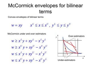 McCormick envelopes for bilinear
terms
Convex envelopes of bilinear terms
McCormick under and over estimators
Over-estimators
Under-estimators
 