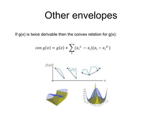 Other envelopes
If g(x) is twice derivable then the convex relation for g(x):
𝑐𝑜𝑛 𝑔 𝑥 = 𝑔 𝑥 +
𝑖
(𝑥𝑖
𝐿
− 𝑥𝑖)(𝑥𝑖 − 𝑥𝑖
𝑈
)
 
