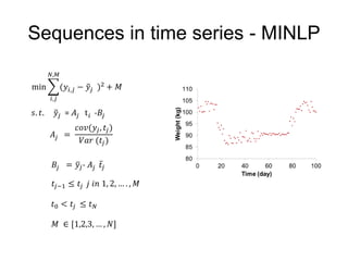Sequences in time series - MINLP
min
𝑖,𝑗
𝑁,𝑀
(𝑦𝑖,𝑗 − 𝑦𝑗 )2 + 𝑀
𝑠. 𝑡. 𝑦𝑗 = 𝐴𝑗 t 𝑖 -𝐵𝑗
𝑡𝑗−1 ≤ 𝑡𝑗 𝑗 𝑖𝑛 1, 2, … . , 𝑀
𝑀 ∈ [1,2,3, … , 𝑁]
𝐴𝑗 =
𝑐𝑜𝑣(𝑦𝑗, 𝑡𝑗)
𝑉𝑎𝑟 (𝑡𝑗)
𝐵𝑗 = 𝑦𝑗- 𝐴𝑗 𝑡𝑗
𝑡0 < 𝑡𝑗 ≤ 𝑡 𝑁
 