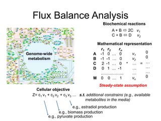 Flux Balance Analysis
A + B  2C v1
C + B  D v2
Biochemical reactions
r1 r2 rn
A -1 0 … 0
B -1 -1 … 0
C 2 -1 … 0
D 0 1 … -1
……………..
M 0 0 … 1
*
v1
v2
…
…
…
vn
0
0
…
…
…
0
=
Mathematical representation
Z= c1 v1 + c2 v2 + c3 v3 … s.t. additional constrains (e.g., available
metabolites in the media)
Cellular objective
e.g., pyruvate production
e.g., biomass production
e.g., estradiol production
Genome-wide
metabolism
Steady-state assumption
 