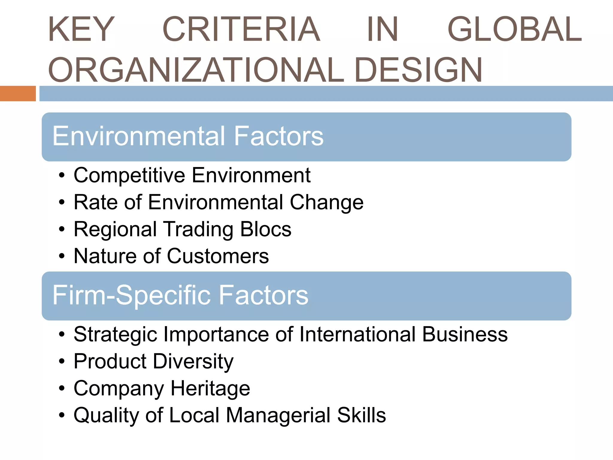 KEY CRITERIA IN GLOBAL
ORGANIZATIONAL DESIGN
Environmental Factors
•
•
•
•

Competitive Environment
Rate of Environmental Change
Regional Trading Blocs
Nature of Customers

Firm-Specific Factors
•
•
•
•

Strategic Importance of International Business
Product Diversity
Company Heritage
Quality of Local Managerial Skills

 