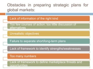 Obstacles in preparing strategic plans for
global markets:
Lack of information of the right kind
Too few courses of action; too little discussion of
alternatives
Unrealistic objectives
Failure to separate short/long-term plans
Lack of framework to identify strengths/weaknesses

Too many numbers
Lack of framework to define marketplace threats and
opportunities

 