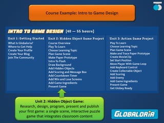 Course Example: Intro to Game Design
Unit 2: Hidden Object Game:
Research, design, program, present and publish
your first game: a single scene, interactive puzzle
game that integrates classroom content
 