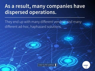 As a result, many companies have
dispersed operations.
They end up with many different vendors and many
different ad-hoc, haphazard solutions.
Listen to the webinarListen to the webinar
 