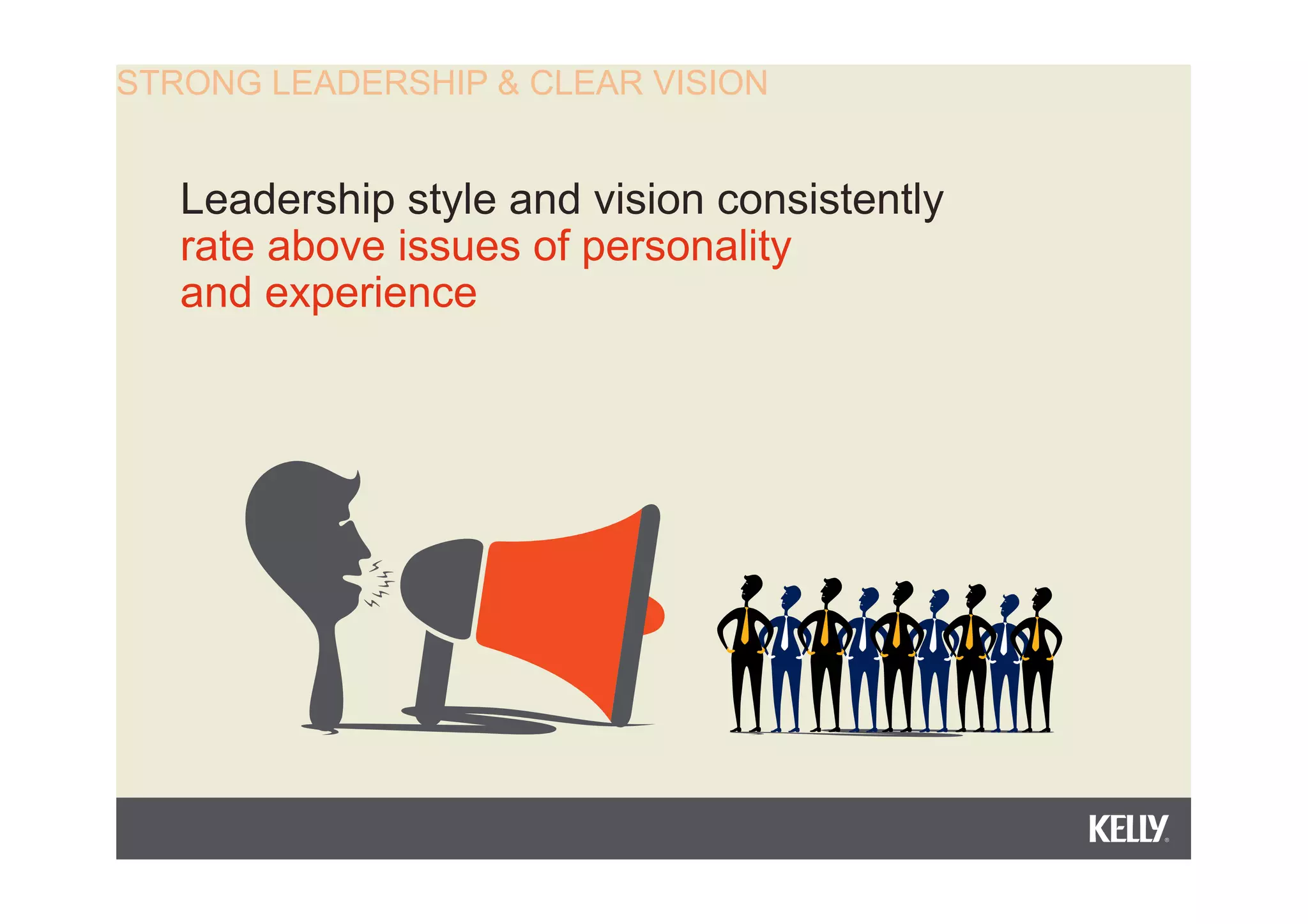 STRONG LEADERSHIP & CLEAR VISION
Leadership style and vision consistently
rate above issues of personality
and experience