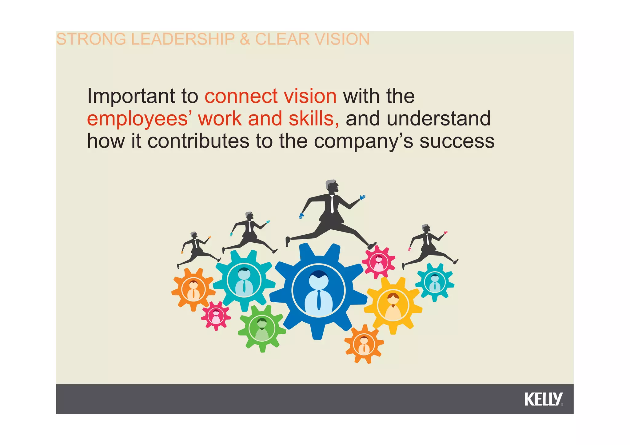 STRONG LEADERSHIP & CLEAR VISION
Important to connect vision with the
employees’ work and skills, and understand
how it contributes to the company’s success