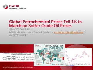 © 2013 Platts, McGraw Hill Financial. All rights reserved.
Global Petrochemical Prices Fell 1% in
March on Softer Crude Oil Prices
HOUSTON, April 1, 2014
Additional media contact: Elizabeth Catalano at elizabeth.catalano@platts.com or
+44 207 176 6024.
 