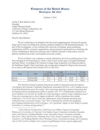 Global Medical Cures™ | US Senate Letter to Global Pharma (GENERICS PRICING)
