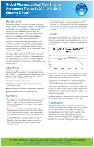 Global Pharmaceutical Risk-Sharing
Agreement Trends in 2011 and 2012:
Slowing Down?
Ando G, Izmirlieva M, Honore A (IHS, London, United Kingdom)




Background                                                              •	  isk-sharing agreements are often accompanied by significant
                                                                           R
                                                                           confidentiality, and there are immediate limitations that were
With austerity measures continuing to limit healthcare budgets             recognised from the outset over precisely how much information
around the world, healthcare payers are under increasing pressure          and detail could be elucidated from each agreement, although
to ensure that medical technologies are utilised in the most cost-         primary research was designed to capture as much information
efficient manner. This is particularly true in reimbursement               as possible.
decisions and clinical guidelines for new, innovative, and
potentially expensive therapies. In this climate, pharmaceutical
companies have adopted increasingly creative strategies to              Results
achieve at least some form of reimbursement for their new               In the period of review (May 2011–May 2012), 32 new risk-sharing
products, including so-called “risk-sharing agreements.”                agreements were found, an average of 2.6 per month, which is
                                                                        roughly in line with the rate found in previous years. The total for
Risk-sharing agreements are now a well-established channel
                                                                        the period January 2010–June 2011 included 45 agreements, or
through which reimbursement negotiations can be conducted in
                                                                        2.5 per month.
many key markets. After a period of market expansion of these
agreements in 2005-10, there have been significant question
marks over precisely how effective they are in establishing efficient
clinical decision making.

IHS Global Insight has published ISPOR research examining the
latest global trends in pharmaceutical risk-sharing agreements
three times. This research has generally shown the expansion of
risk-sharing agreements both in terms of outcomes-based and
financial-based arrangements, and also from developed to
developing markets. This is an examination of the latest data up to
the end of May 2012.


Objectives
Whilst recognising that risks-sharing agreements represent an
important market-access strategy, the objective of this research
was to examine if the marked expansion in number of risk-sharing        The number of new drugs with risk-sharing agreements attached
agreements through 2005-10 is still continuing, or if there has         to them actually declined, and most new agreements are being
been a gradual levelling off across the world.                          negotiated for drugs that already have one in place.

The objective was subdivided to examine:                                The majority of agreements tend to be finance based (n=24, or
                                                                        75%), although new performance-based agreements (n=7, or
•	  hich types of risk-sharing agreements are increasing or
   W                                                                    12%) continue to emerge, including in emerging markets.
   decreasing in number.
                                                                        The majority of agreements (n=21, or 65%) continue to focus on
•	 Which therapeutic areas are most prone to these agreements.          the oncology arena, with other therapeutic areas associated with
                                                                        biologics, such as rheumatoid arthritis, age-related macular
•	 Which geographic markets are evolving in this area.                  degeneration, and multiple sclerosis, as well as a variety of orphan
                                                                        diseases, also represented.

Methods                                                                 Agreements were signed in the United Kingdom (n=20, 62%), Italy
•	  econdary research was conducted examining reimbursement
   S                                                                    (n=7), Spain, Portugal, Germany, Netherlands, and Poland.
   decisions around the world, with a special focus on Australia,
   Belgium, Canada, China, France, Germany, Hungary, Italy,
   Netherlands, New Zealand, Poland, Spain, United Kingdom,
                                                                        Conclusions
   and United States.                                                   Although risk-sharing continues to be a routine part of market
                                                                        access in many countries, there appears to be a notable “levelling
•	  ources were taken from IHS Global Insight’s Global Risk-
   S                                                                    off” of the rapid expansion of this strategy. This is relatively
   Sharing Agreement database, as well as regulatory websites           unsurprising as it reaches a natural plateau, but is still notable
   around the world, academic research, press releases, news            against the background of ongoing global austerity. It appears
   wires, official announcements, and conference presentations.         governments are forsaking more complicated pharmaco-
                                                                        economic strategies in general, and risk-sharing agreements in
•	  his was supplemented by primary research with payers,
   T
                                                                        particular, as a means of cost containment. Perhaps this is
   government agencies, and HTA organisations through
                                                                        because of the uncertainty surrounding their efficacy in this regard.
   interviews in native languages to understand the role risk-
   sharing agreements have—or have not—played in their
   respective markets.




     FOR MORE INFORMATION ABOUT IHS GLOBAL INSIGHT HEALTHCARE  PHARMACEUTICAL SERVICES
                     www.ihs.com/healthcare and www.ihs.com/healthcareblog
             Please email: gustav.ando@ihs.com for any questions related to this poster
 
