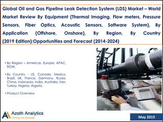 (c) AZOTH Analytics
Global Oil and Gas Pipeline Leak Detection System (LDS) Market – World
Market Review By Equipment (Thermal Imaging, Flow meters, Pressure
Sensors, Fiber Optics, Acoustic Sensors, Software System), By
Application (Offshore, Onshore), By Region, By Country
(2019 Edition):Opportunities and Forecast (2014-2024)
May 2019
• By Region – Americas, Europe, APAC,
ROW.
• By Country - US, Canada, Mexico,
Brazil, UK, France, Germany, Russia,
China, Indonesia, India, Australia, Iran,
Turkey, Nigeria, Algeria.
• Product Overview
1
 