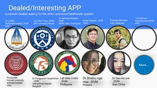 Dealed/Interesting APP
customer dealed wating for the clinic operation/healthcare system
Perrypotter
Cornell University
animals hospital
USA
Dr.Pongpanot Tangkritchot
,.DVM
vet4 animal hospital
Bangkok
Dr.Narong kankaew,.
DVM
MFM Clinic Chiangmai
Dr.Lallalit
Sukontaratanasut,.DVM
KKU
Jun Won Yoon,.DVM
SKY university Korea
Dr.Ap.Piyawat ,.DVM
CMU
Lali Dela Costa
,.DVM
Phillippine
Dr.Shalou nga
nisa ,.DVM
Phillppine
Truong dinh phu
FAU,Vietnam
Dr.Gao kai yue
,.DVM
Sian China
Ton Sitanon
Krachianchart.DVM
KKU
More
 