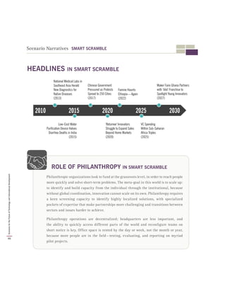 Philanthropic organizations look to fund at the grassroots level, in order to reach people
more quickly and solve short-term problems. The meta-goal in this world is to scale up:
to identify and build capacity from the individual through the institutional, because
without global coordination, innovation cannot scale on its own. Philanthropy requires
a keen screening capacity to identify highly localized solutions, with specialized
pockets of expertise that make partnerships more challenging and transitions between
sectors and issues harder to achieve.
Philanthropy operations are decentralized; headquarters are less important, and
the ability to quickly access different parts of the world and reconfigure teams on
short notice is key. Office space is rented by the day or week, not the month or year,
because more people are in the field — testing, evaluating, and reporting on myriad
pilot projects.
ROLE OF PHILANTHROPY IN SMART SCRAMBLE
Scenario Narratives SMART SCRAMBLE
2010 2030202520202015
National Medical Labs in
Southeast Asia Herald
New Diagnostics for
Native Diseases
(2013)
'Returnee' Innovators
Struggle to Expand Sales
Beyond Home Markets
(2020)
VC Spending
Within Sub-Saharan
Africa Triples
(2025)
Low-Cost Water
Purification Device Halves
Diarrhea Deaths in India
(2015)
Chinese Government
Pressured as Protests
Spread to 250 Cities
(2017)
Famine Haunts
Ethiopia—Again
(2022)
Maker Faire Ghana Partners
with ‘Idol’ Franchise to
Spotlight Young Innovators
(2027)
HEADLINES IN SMART SCRAMBLE
46
ScenariosfortheFutureofTechnologyandInternationalDevelopment
 