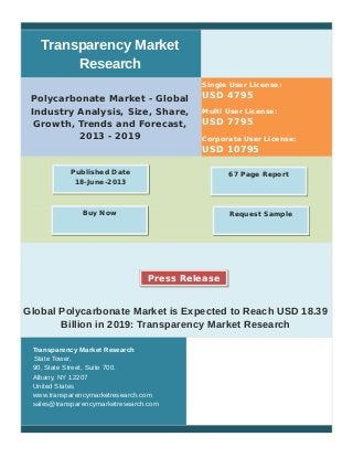 Transparency Market
Research
Polycarbonate Market - Global
Industry Analysis, Size, Share,
Growth, Trends and Forecast,
2013 - 2019
Single User License:
USD 4795
Multi User License:
USD 7795
Corporate User License:
USD 10795
Global Polycarbonate Market is Expected to Reach USD 18.39
Billion in 2019: Transparency Market Research
Transparency Market Research
State Tower,
90, State Street, Suite 700.
Albany, NY 12207
United States
www.transparencymarketresearch.com
sales@transparencymarketresearch.com
67 Page ReportPublished Date
18-June-2013
Buy Now Request Sample
Press Release
 