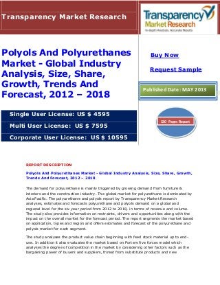 REPORT DESCRIPTION
Polyols And Polyurethanes Market - Global Industry Analysis, Size, Share, Growth,
Trends And Forecast, 2012 – 2018
The demand for polyurethane is mainly triggered by growing demand from furniture &
interiors and the construction industry. The global market for polyurethane is dominated by
Asia Pacific. The polyurethane and polyols report by Transparency Market Research
analyses, estimates and forecasts polyurethane and polyols demand on a global and
regional level for the six year period from 2012 to 2018, in terms of revenue and volume.
The study also provides information on restraints, drivers and opportunities along with the
impact on the overall market for the forecast period. The report segments the market based
on application, types and region and offers estimates and forecast of the polyurethane and
polyols market for each segment.
The study analyses the product value chain beginning with feed stock material up to end-
use. In addition it also evaluates the market based on Porters five forces model which
analyses the degree of competition in the market by considering other factors such as the
bargaining power of buyers and suppliers, threat from substitute products and new
Transparency Market Research
Polyols And Polyurethanes
Market - Global Industry
Analysis, Size, Share,
Growth, Trends And
Forecast, 2012 – 2018
Single User License: US $ 4595
Multi User License: US $ 7595
Corporate User License: US $ 10595
Buy Now
Request Sample
Published Date: MAY 2013
130 Pages Report
 