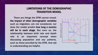 LIMITATIONS OF THE DEMOGRAPHIC
TRANSITION MODEL
There are things the DTM cannot reveal:
the impact of other demographic variables
such as migration, are not considered, nor
does the model predict how long a country
will be in each stage. But even so, the
relationship between birth rate and death
rate is an important concept when
discussing population and any patterns,
such as those provided by the DTM, that aid
in understanding are helpful.
 