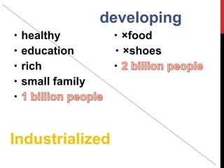 developing
・healthy         ・×food
・education       ・×shoes
・rich            ・
・small family
・


Industrialized
 