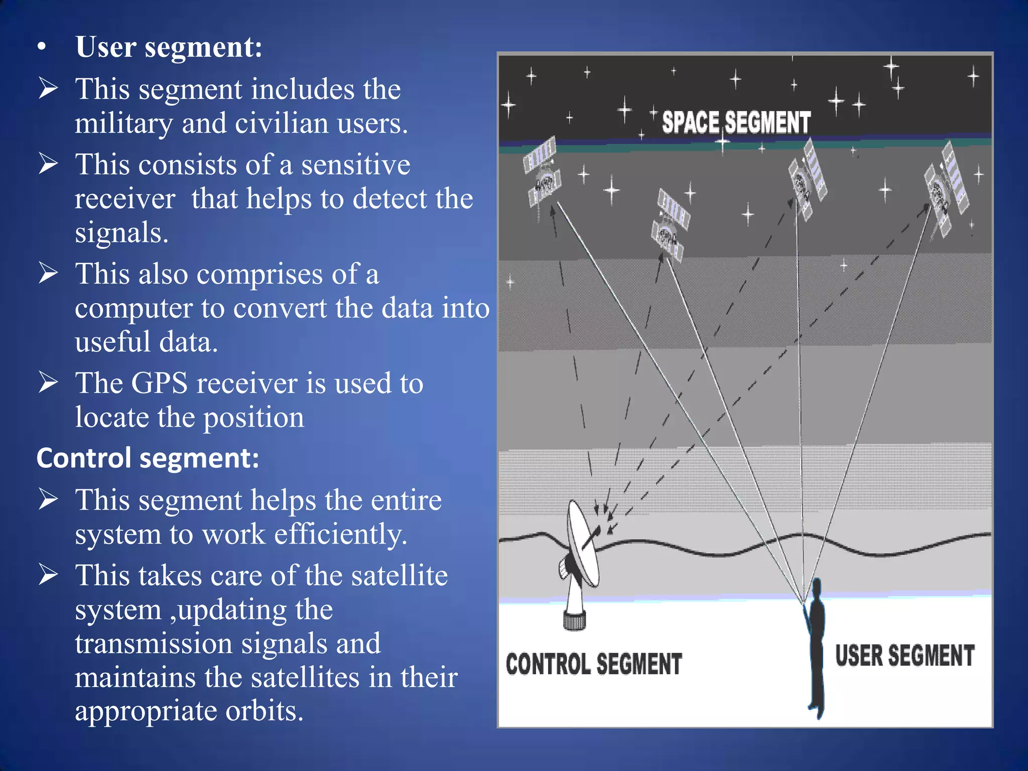 • User segment:
 This segment includes the
military and civilian users.
 This consists of a sensitive
receiver that helps to detect the
signals.
 This also comprises of a
computer to convert the data into
useful data.
 The GPS receiver is used to
locate the position
Control segment:
 This segment helps the entire
system to work efficiently.
 This takes care of the satellite
system ,updating the
transmission signals and
maintains the satellites in their
appropriate orbits.
 