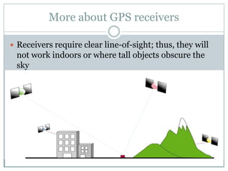 More about GPS receivers
 Receivers require clear line-of-sight; thus, they will

not work indoors or where tall objects obscure the
sky

 