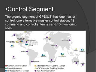 •Control Segment 
The ground segment of GPS(US) has one master 
control, one alternative master control station, 12 
command and control antennas and 16 monitoring 
sites. 
 