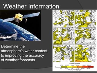 Weather Information 
Determine the 
atmosphere’s water content 
to improving the accuracy 
of weather forecasts 
 