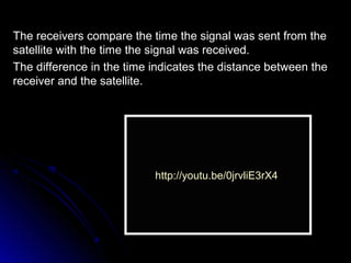 The receivers compare the time the signal was sent from theThe receivers compare the time the signal was sent from the
sat...