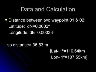 Data and CalculationData and Calculation
 Distance between two waypoint 01 & 02:Distance between two waypoint 01 & 02:
La...