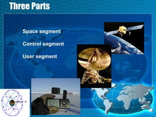 Three Parts
 Space segment
 Control segment
 User segment

3

 