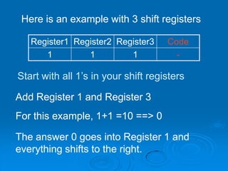Register1 Register2 Register3 Code
1 1 1 -
Start with all 1’s in your shift registers
Add Register 1 and Register 3
The answer 0 goes into Register 1 and
everything shifts to the right.
Here is an example with 3 shift registers
For this example, 1+1 =10 ==> 0
 