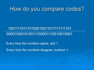 How do you compare codes?
100111101110100010011011111111101
000010001010011100001110010010001
Every time the numbers agree, add 1.
Every time the numbers disagree, subtract 1.
 