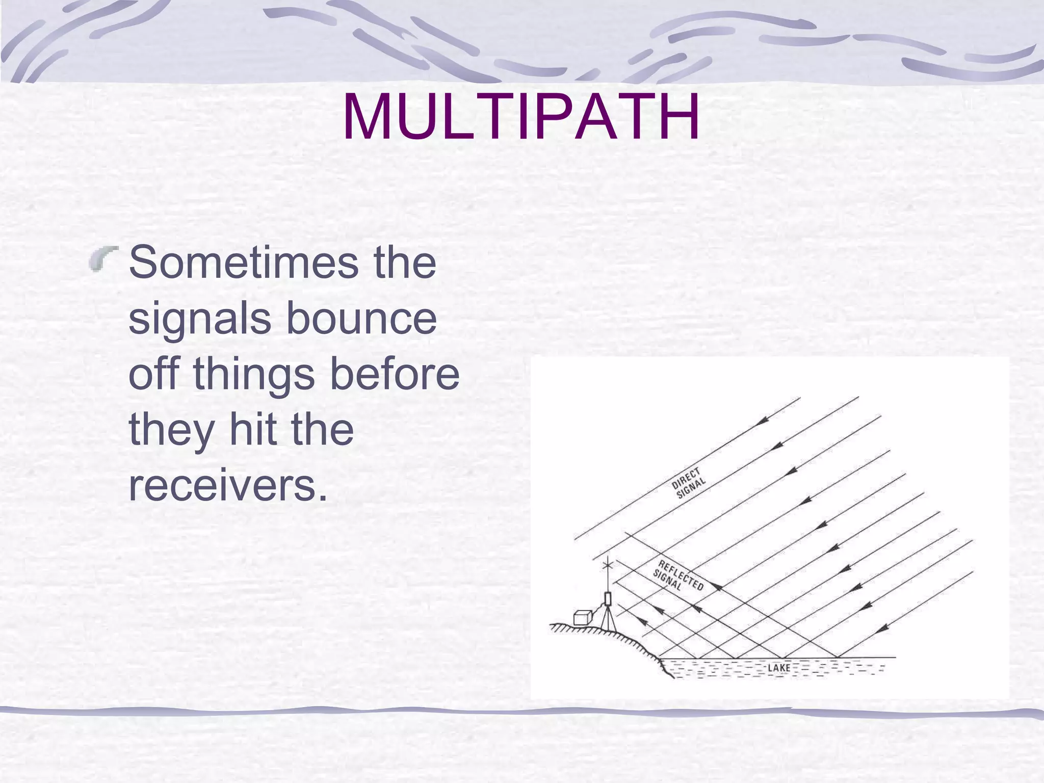 MULTIPATH
Sometimes the
signals bounce
off things before
they hit the
receivers.
 