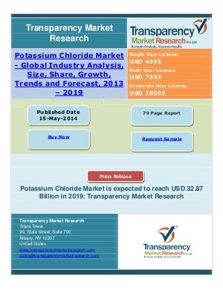 USD 4595
USD 7595
Transparency Market
Research
Potassium Chloride Market
- Global Industry Analysis,
Size, Share, Growth,
Trends and Forecast, 2013
– 2019
Single User License:
Multi User License:
Corporate User License:
USD 10595
Published Date
15-May-2014
Buy Now
79 Page Report
Request Sample
Press Release
Potassium Chloride Market is expected to reach USD 32.87
Billion in 2019: Transparency Market Research
Transparency Market Research
State Tower,
90, State Street, Suite 700.
Albany, NY 12207
United States
www.transparencymarketresearch.com
sales@transparencymarketresearch.com
 