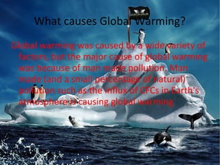 What causes Global Warming?
Global warming was caused by a wide variety of
factors, but the major cause of global warming
was because of man made pollution. Man
made (and a small percentage of natural)
pollution such as the influx of CFCs in Earth's
atmosphere is causing global warming
 