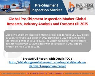 databridgemarketresearch.com US : +1-888-387-2818 UK : +44-161-394-0625 sales@databridgemarketresearch.com
1
Pre-Shipment
Inspection Market
Global Pre-Shipment Inspection Market is expected to reach USD 17.2 billion
by 2025, from USD 11.8 billion in 2017 growing at a CAGR of 6.2 % during
the forecast period of 2018 to 2025. The upcoming market report contains
data for historic year 2016, the base year of calculation is 2017 and the
forecast period is 2018 to 2025.
Browse Full Report with Details TOC :
https://databridgemarketresearch.com/reports/global-pre-
shipment-inspection-market
Global Pre-Shipment Inspection Market Global
Research, Industry Analysis and Forecast till 2025
 