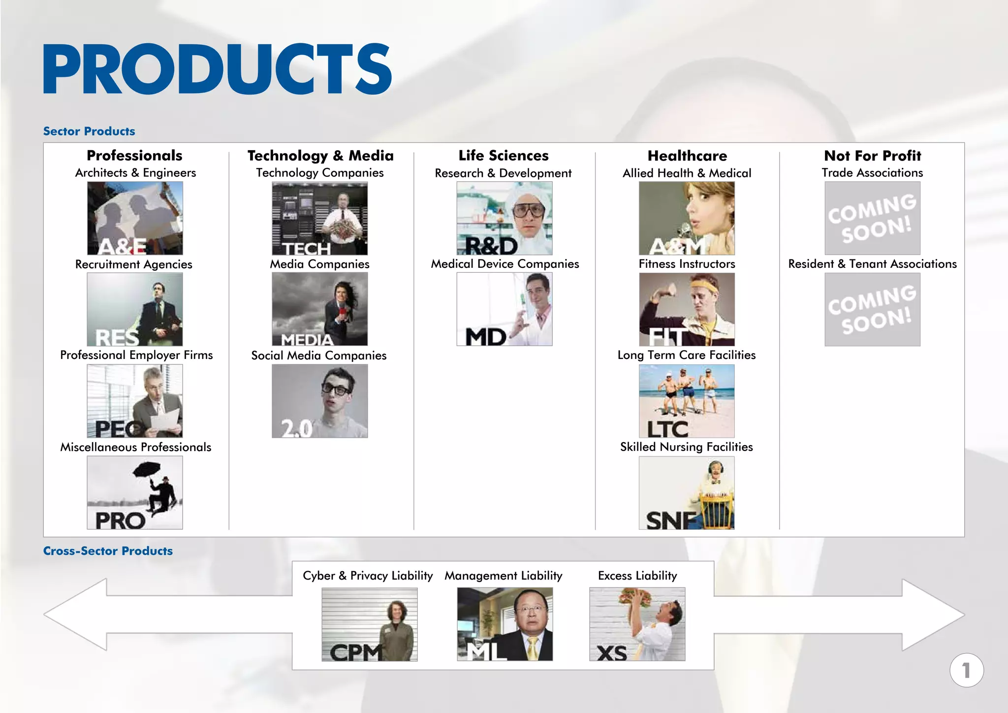 PRODUCTS
Sector Products

       Professionals            Technology & Media                 Life Sciences                   Healthcare                   Not For Profit
     Architects & Engineers      Technology Companies          Research & Development         Allied Health & Medical          Trade Associations




     Recruitment Agencies          Media Companies            Medical Device Companies           Fitness Instructors      Resident & Tenant Associations




  Professional Employer Firms   Social Media Companies                                      Long Term Care Facilities




  Miscellaneous Professionals                                                                Skilled Nursing Facilities




Cross-Sector Products

                                        Cyber & Privacy Liability Management Liability   Excess Liability




                                                                                                                                                           1
 