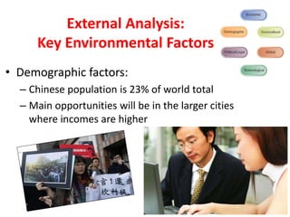 External Analysis:
      Key Environmental Factors
• Demographic factors:
  – Chinese population is 23% of world total
  – Main opportunities will be in the larger cities
    where incomes are higher
 
