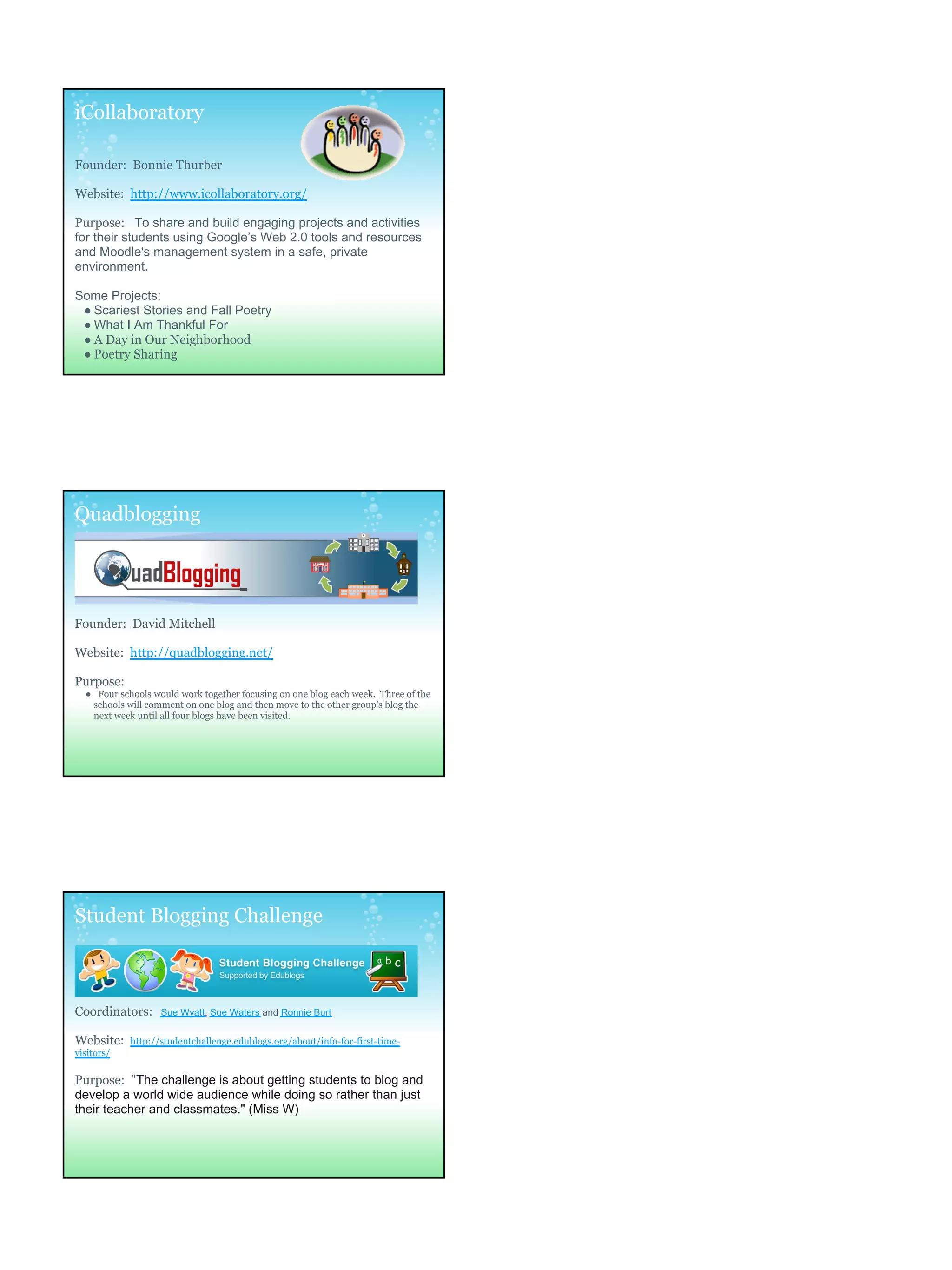 iCollaboratory

Founder: Bonnie Thurber

Website: http://www.icollaboratory.org/

Purpose: To share and build engaging projects and activities
for their students using Google’s Web 2.0 tools and resources
and Moodle's management system in a safe, private
environment.

Some Projects:
 ● Scariest Stories and Fall Poetry
 ● What I Am Thankful For
 ● A Day in Our Neighborhood
 ● Poetry Sharing




Quadblogging




Founder: David Mitchell

Website: http://quadblogging.net/

Purpose:
  ● Four schools would work together focusing on one blog each week. Three of the
   schools will comment on one blog and then move to the other group's blog the
   next week until all four blogs have been visited.




Student Blogging Challenge



Coordinators:      Sue Wyatt, Sue Waters and Ronnie Burt


Website:    http://studentchallenge.edublogs.org/about/info-for-first-time-
visitors/

Purpose: "The challenge is about getting students to blog and
develop a world wide audience while doing so rather than just
their teacher and classmates." (Miss W)
 