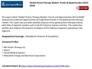 Global Proton Therapy Market: Trends & Opportunities (20132018)

The report titled "Global Proton Therapy Market: Trends and Opportunities (2013-2018)"
analyzes the potential opportunities and significant trends in the global proton therapy
market. The report also provides detailed analysis of the global proton therapy market,
with data of regional markets such as North America, Europe and Asia. The report also
profiles and analyzes the business strategies of the leading companies operating in the
segment.

Geographical Coverage: GlobalNorth America & EuropeAsia
Company Profiles
•
•
•
•

IBA Proton Therapy Inc.
Hitach
Varian Medical System
Mitsubishi Energy and Electrical Corporation

Complete Report @ http://www.marketreportsonline.com/311709.html

 