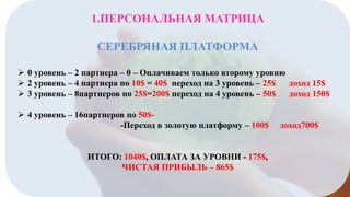 1.ПЕРСОНАЛЬНАЯ МАТРИЦА

СЕРЕБРЯНАЯ ПЛАТФОРМА
 0 уровень – 2 партнера – 0 – Оплачиваем только второму уровню
 2 уровень – 4 партнера по 10$ = 40$ переход на 3 уровень – 25$
доход 15$
 3 уровень – 8партнеров по 25$=200$ переход на 4 уровень – 50$ доход 150$
 4 уровень – 16партнеров по 50$-Переход в золотую платформу – 100$
ИТОГО: 1040$, ОПЛАТА ЗА УРОВНИ - 175$,
ЧИСТАЯ ПРИБЫЛЬ – 865$

доход700$

 