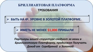БРИЛЛИАНТОВАЯ ПЛАТФОРМА
ТРЕБОВАНИЯ
 БЫТЬ НА 4º. УРОВНЕ В ЗОЛОТОЙ ПЛАТФОРМЕ.
 ИМЕТЬ НЕ МЕНЕЕ $1,000 ПРИБЫЛИ
Партнеры вашей структуре следуют за вами в
Бриллиантовую Платформу, продолжая Получать
Доход от Серебряной и Золотой.

 