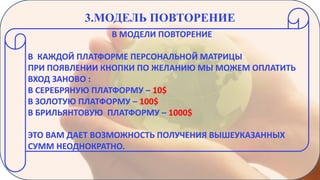 3.МОДЕЛЬ ПОВТОРЕНИЕ
В МОДЕЛИ ПОВТОРЕНИЕ
В КАЖДОЙ ПЛАТФОРМЕ ПЕРСОНАЛЬНОЙ МАТРИЦЫ
ПРИ ПОЯВЛЕНИИ КНОПКИ ПО ЖЕЛАНИЮ МЫ МОЖЕМ ОПЛАТИТЬ
ВХОД ЗАНОВО :
В СЕРЕБРЯНУЮ ПЛАТФОРМУ – 10$
В ЗОЛОТУЮ ПЛАТФОРМУ – 100$
В БРИЛЬЯНТОВУЮ ПЛАТФОРМУ – 1000$
ЭТО ВАМ ДАЕТ ВОЗМОЖНОСТЬ ПОЛУЧЕНИЯ ВЫШЕУКАЗАННЫХ
СУММ НЕОДНОКРАТНО.

 