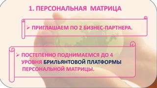 1. ПЕРСОНАЛЬНАЯ МАТРИЦА
 ПРИГЛАШАЕМ ПО 2 БИЗНЕС-ПАРТНЕРА.

 ПОСТЕПЕННО ПОДНИМАЕМСЯ ДО 4
УРОВНЯ БРИЛЬЯНТОВОЙ ПЛАТФОРМЫ
ПЕРСОНАЛЬНОЙ МАТРИЦЫ.

 
